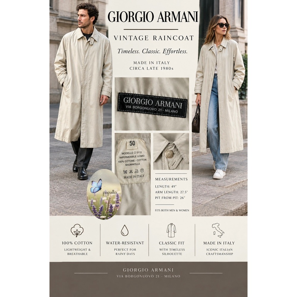 VTG Women L, Men M Giorgio Armani Vintage 80s Cotton Raincoat Trench Coat